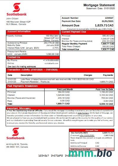 Kanada Bank Scotiabank wyciąg z kredytu hipotecznego szablon Word i PDF